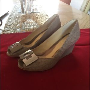 Calvin Klein Patent Brown Peep Toe Wedge Heels 6.5
